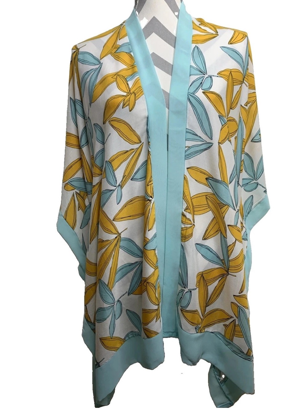 Coco + Carmen New Swim Cover Botanical Leaf Kimono Sleeve Aqua Yellow Boho OS